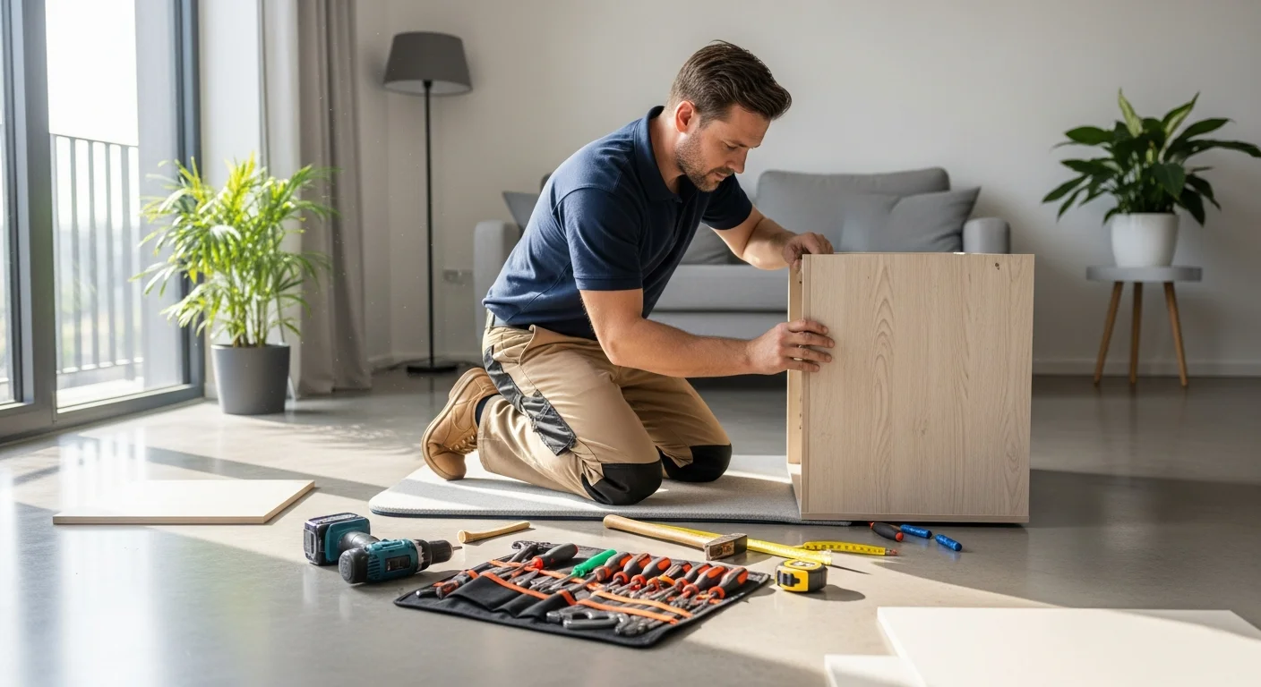 Fachmann montiert einen großen Kleiderschrank in einer modernen Wohnung mit Profi-Werkzeug